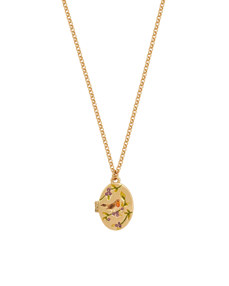 Gold Robin & Blackberry Locket Necklace
