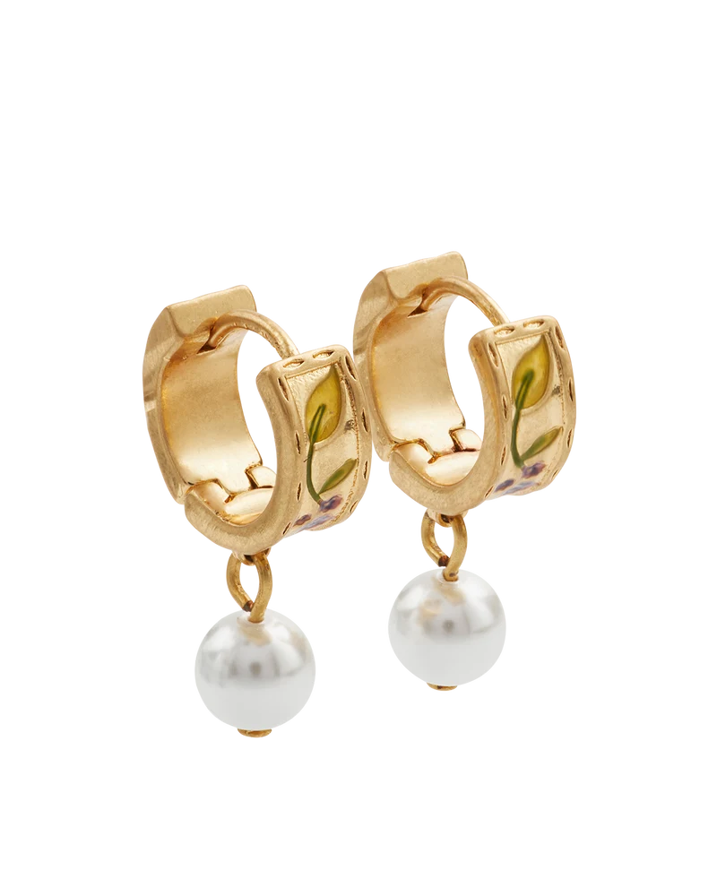 Gold Blackberry Bramble Pearl Drop Huggie Earrings