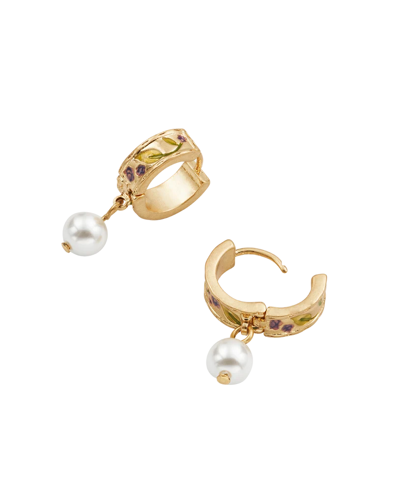 Gold Blackberry Bramble Pearl Drop Huggie Earrings