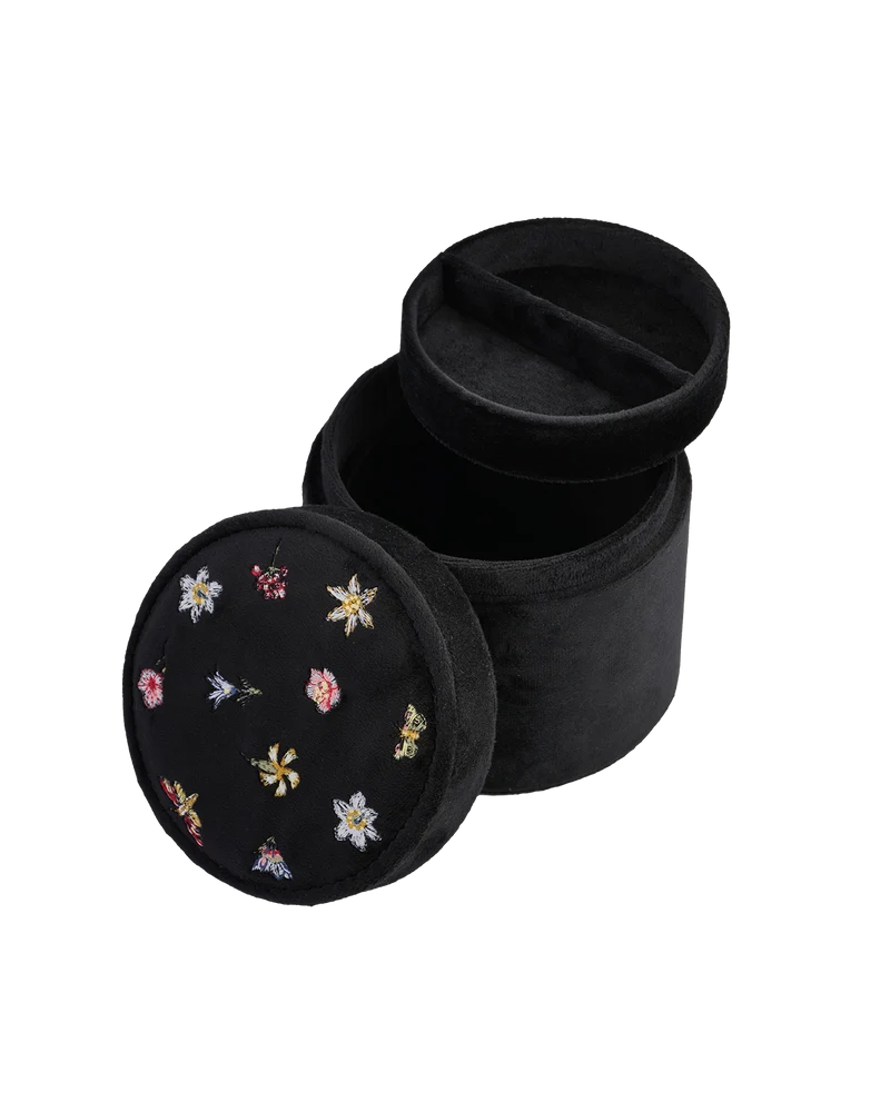 Floral Ditsy Embroidered Black Velvet Jewellery Box