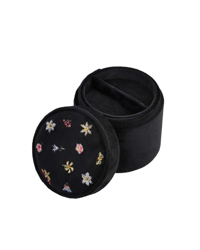 Floral Ditsy Embroidered Black Velvet Jewellery Box