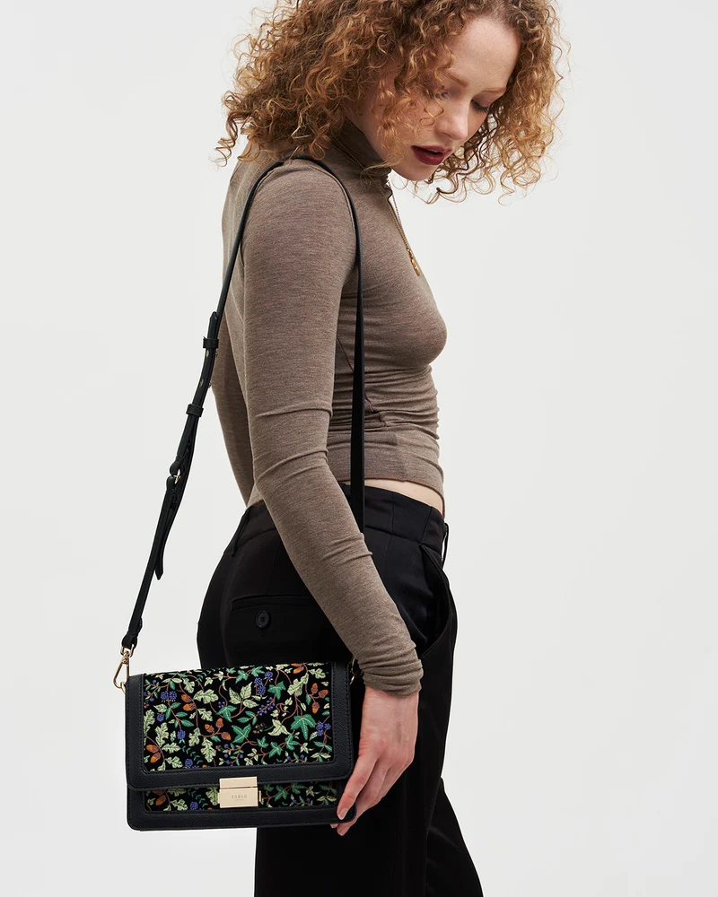 Black Embroidered Foldover Bag