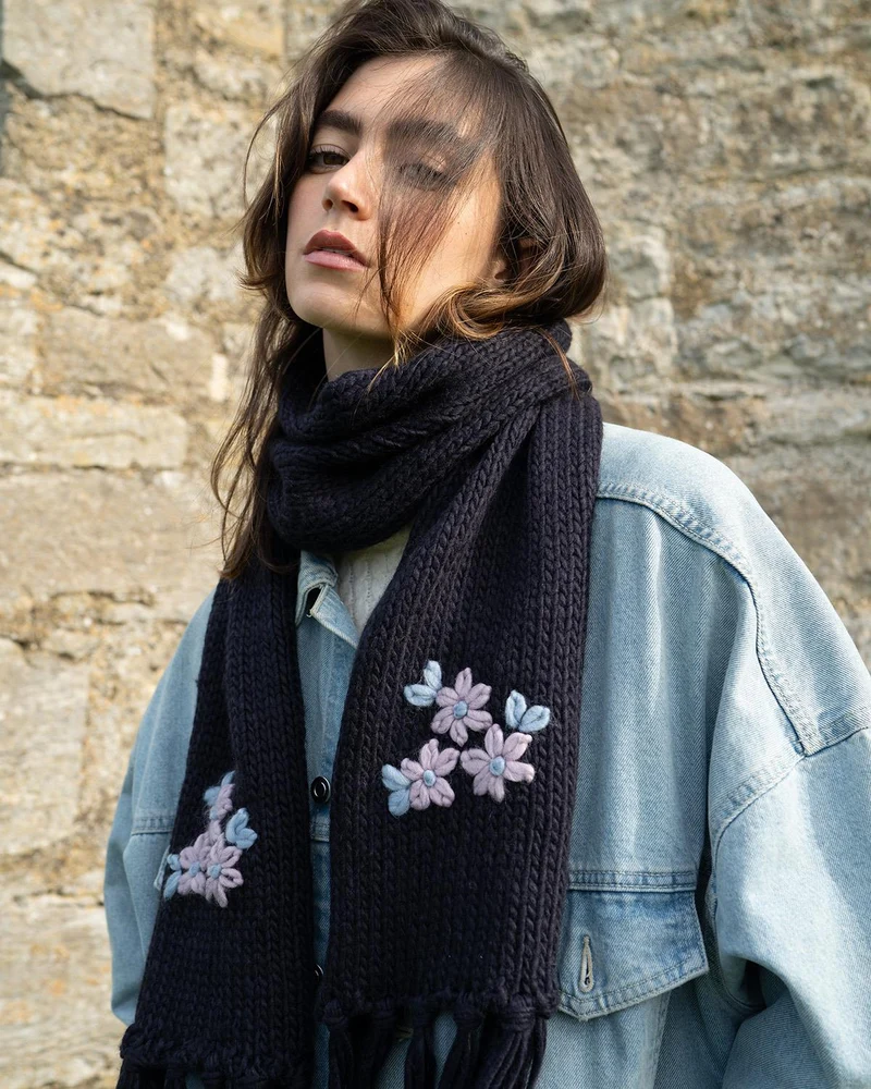 Forget-Me-Not Knitted Scarf in Navy