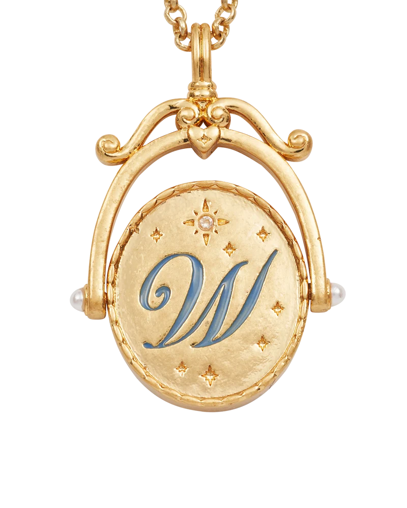 W Initial Water Lily Gold Spinner Necklace