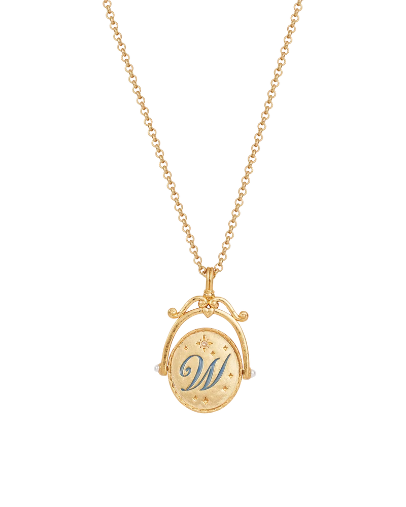 W Initial Water Lily Gold Spinner Necklace