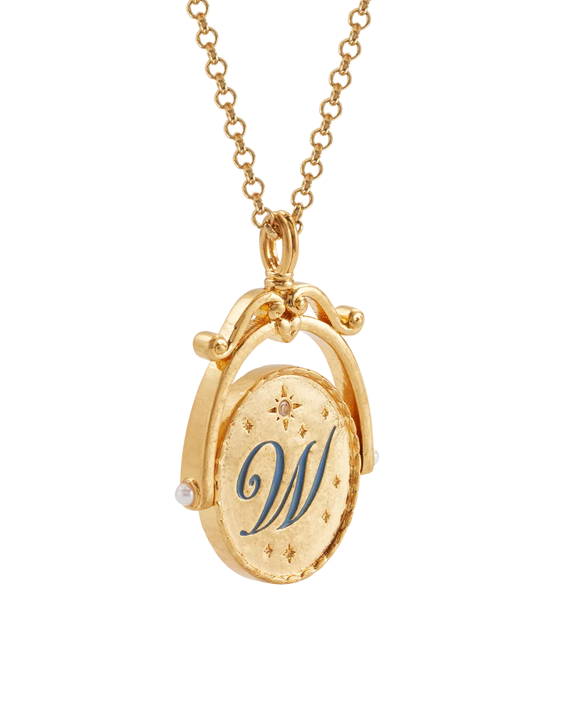 W Initial Water Lily Gold Spinner Necklace