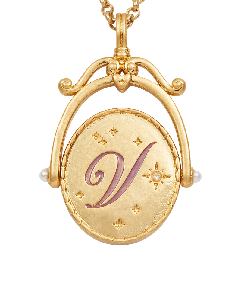 V Initial Violet Gold Spinner Necklace