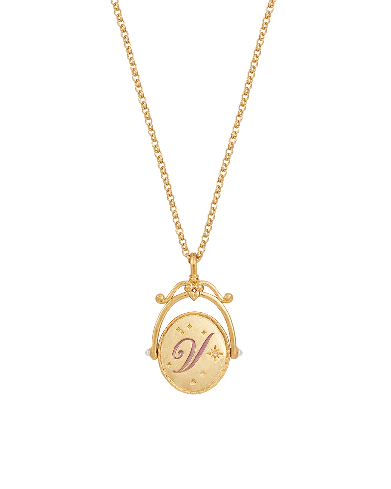 V Initial Violet Gold Spinner Necklace