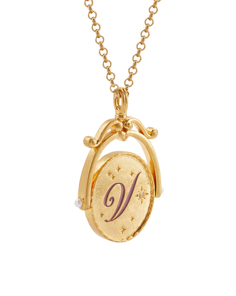 V Initial Violet Gold Spinner Necklace