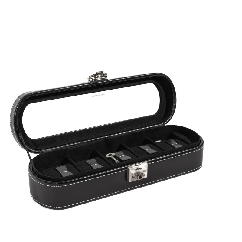 LONDON Uhrenbox für 5 Uhren aus Leder mit Glasdeckel