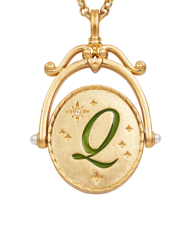 Q Initial Queen Annes Lace Gold Spinner Necklace