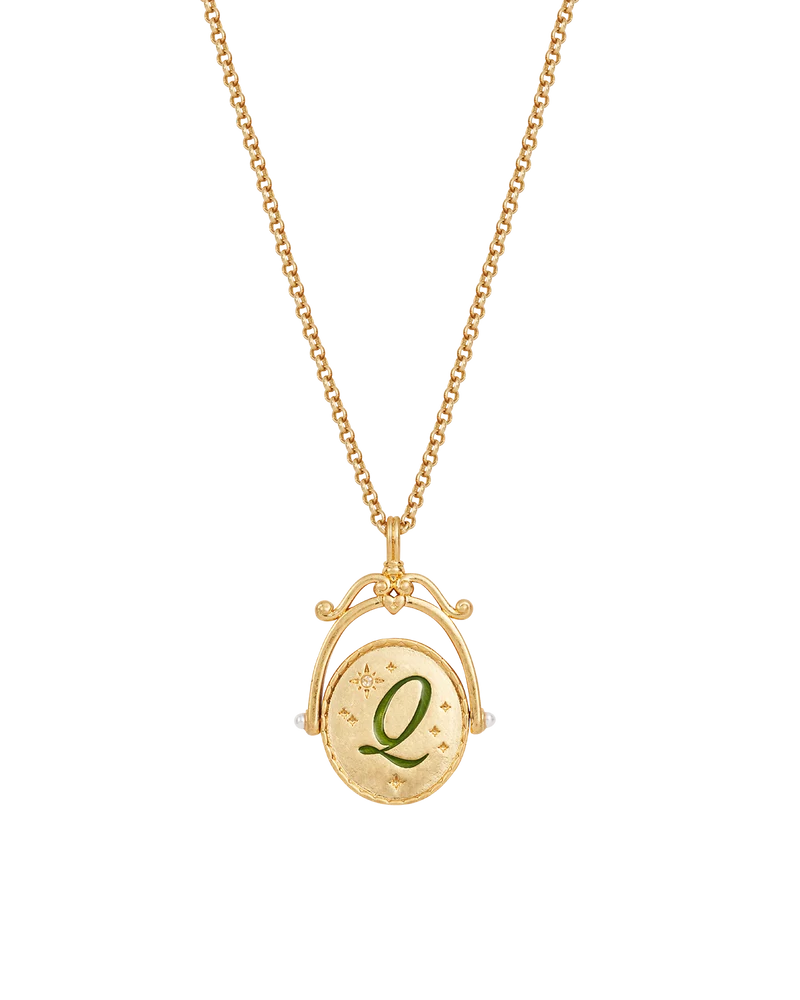 Q Initial Queen Annes Lace Gold Spinner Necklace