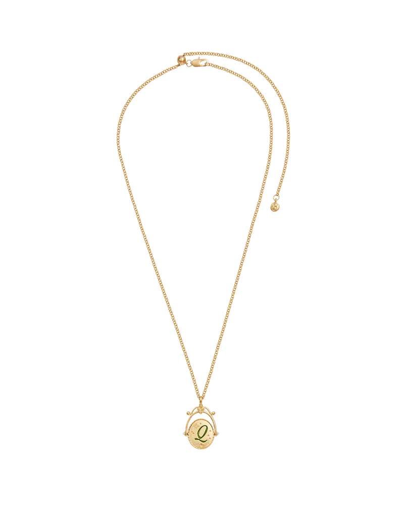 Q Initial Queen Annes Lace Gold Spinner Necklace