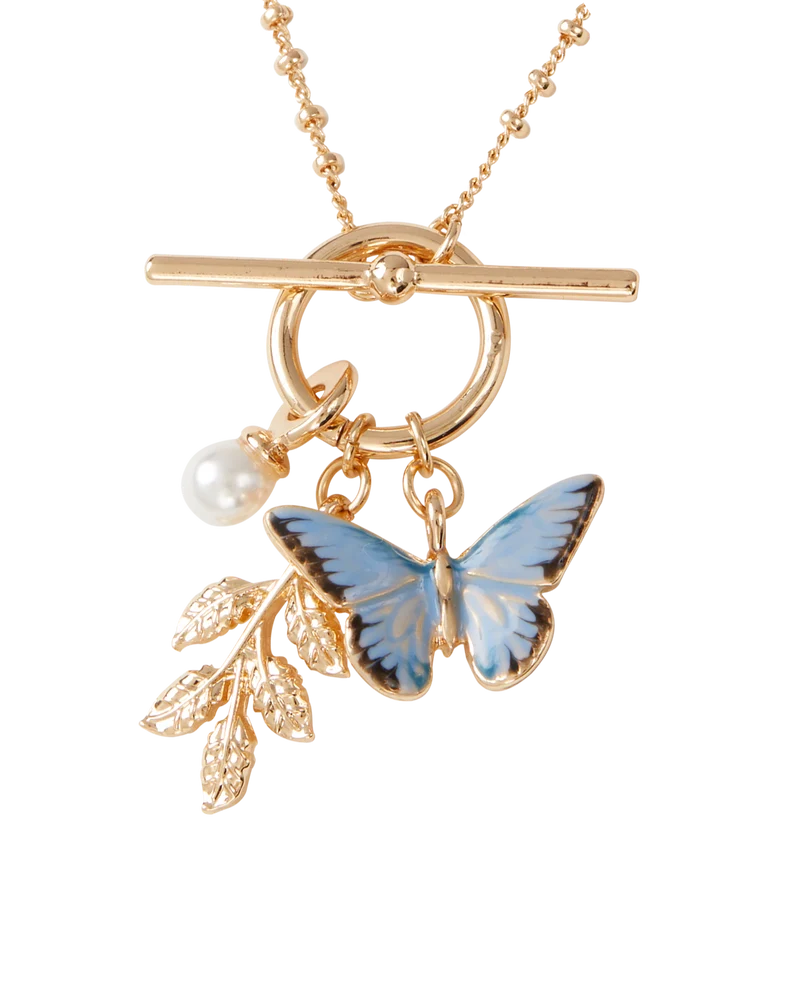 Enamel Blue Butterfly & Leaf Charm Necklace