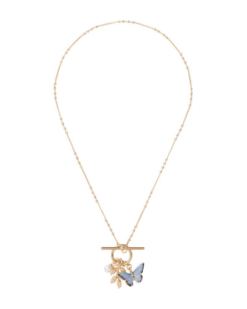 Enamel Blue Butterfly & Leaf Charm Necklace