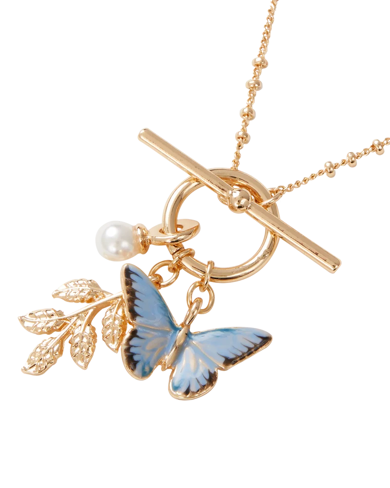 Enamel Blue Butterfly & Leaf Charm Necklace