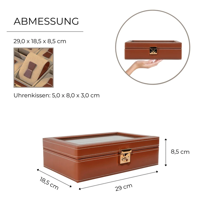 CORDOBA Uhrenbox für 10 Uhren aus Leder mit Glas