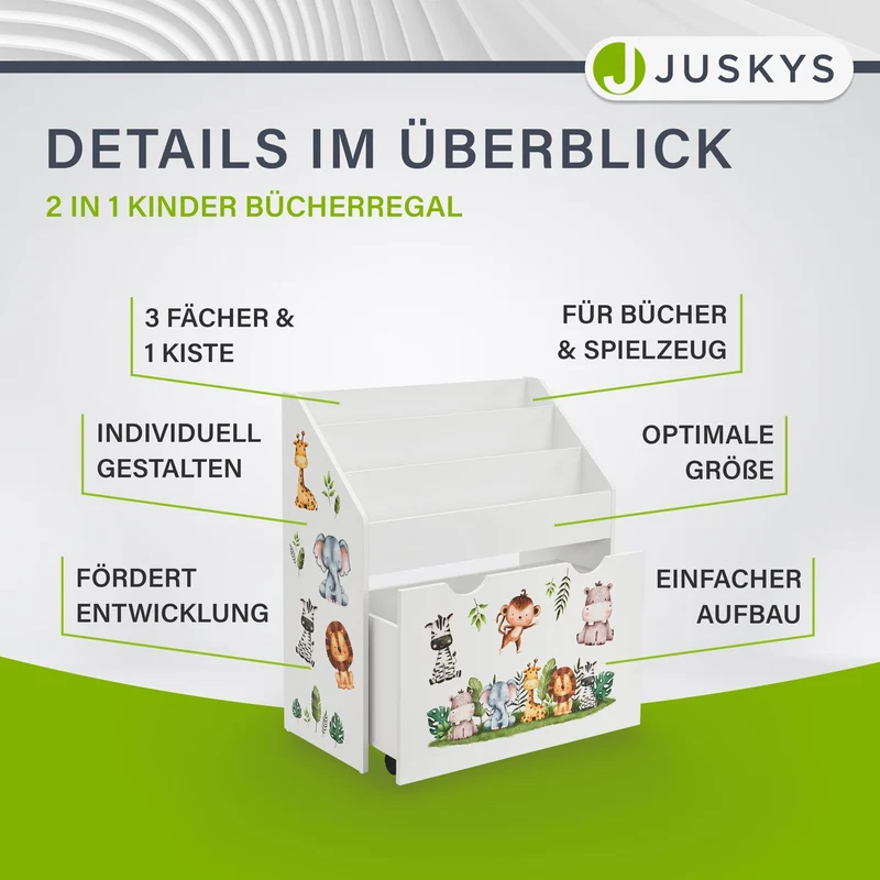 Kinder Bücherregal mit 3 Fächern und herausziehbarer Spielzeugkiste