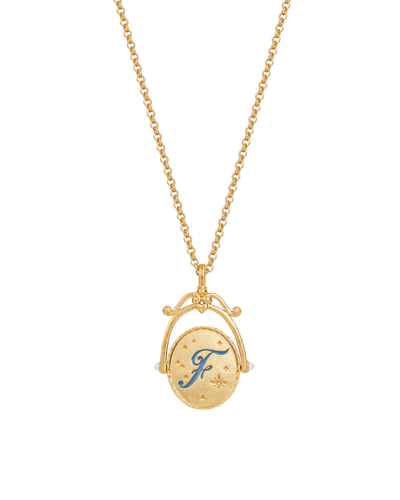 F Initial Forget-Me-Not Gold Spinner Necklace