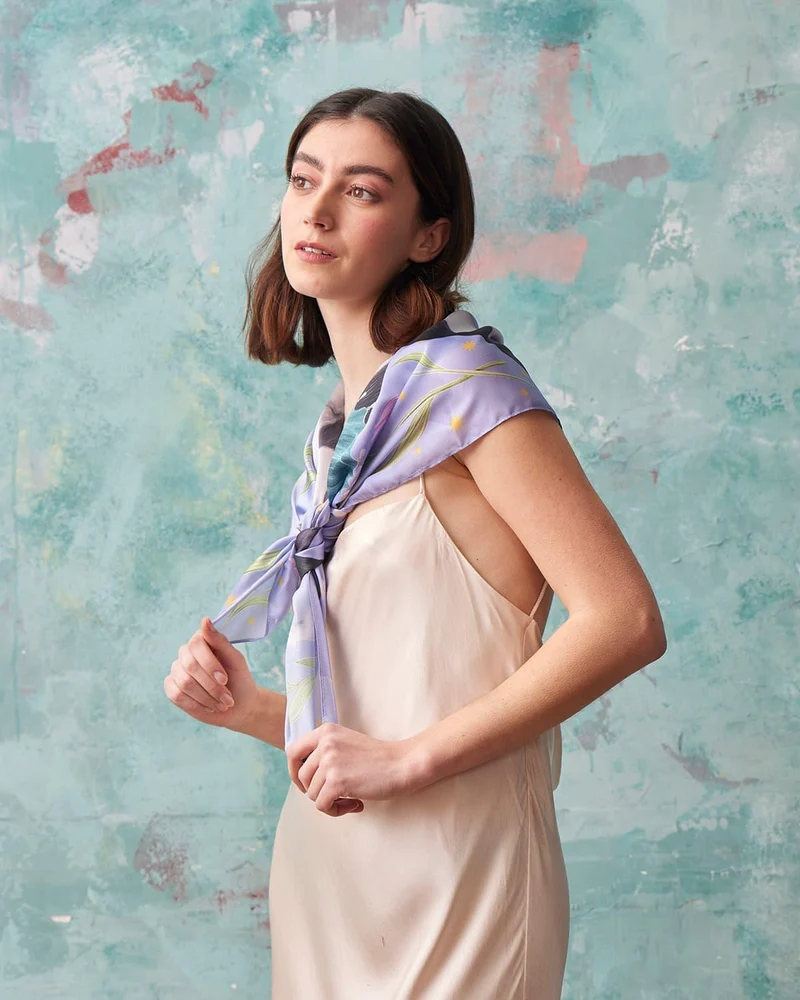 Catherine Rowe Pet Portraits Frenchie Square Scarf in Lavender