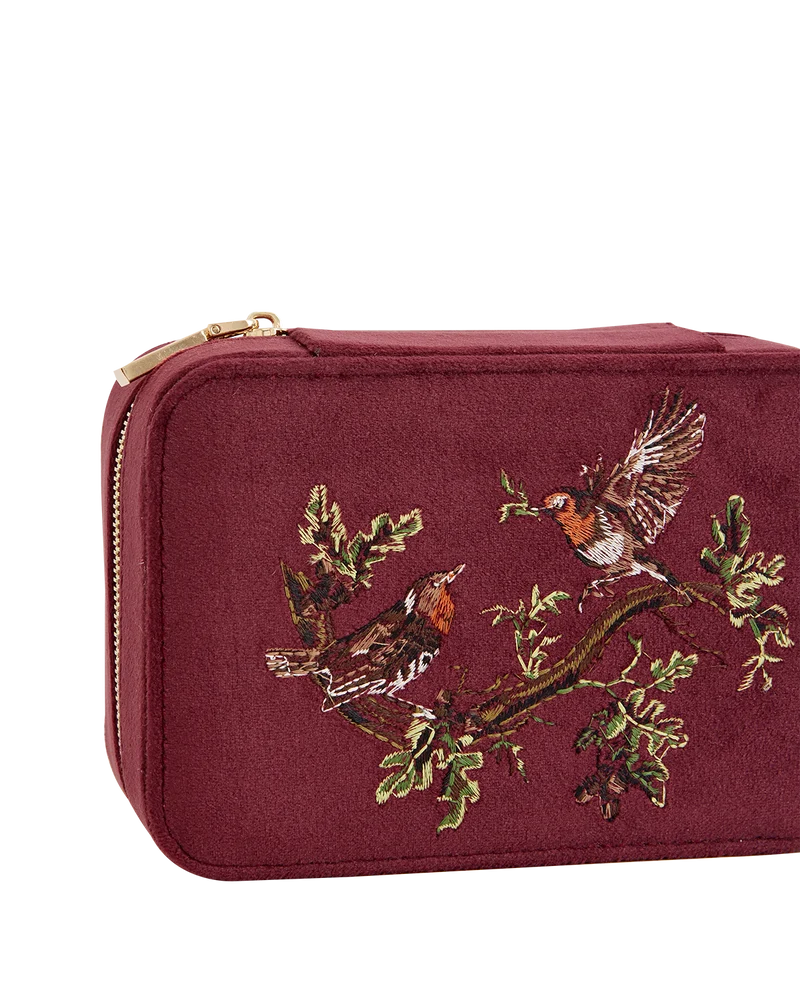 Robin Love Embroidered Large Jewellery Box Redcurrant Velvet