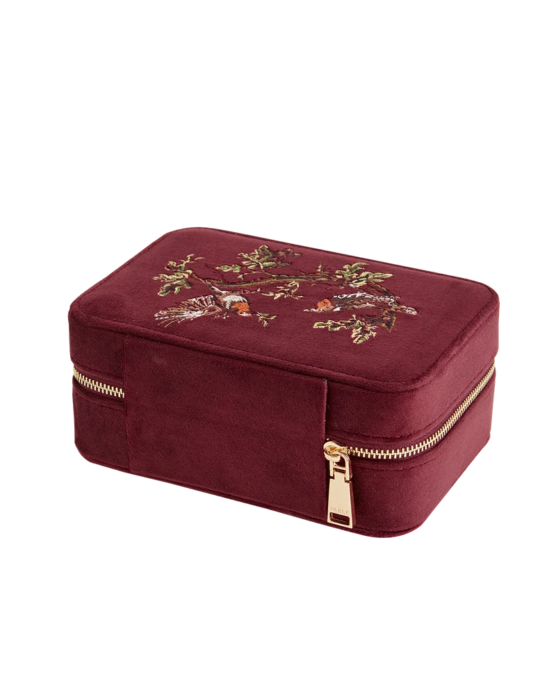 Robin Love Embroidered Large Jewellery Box Redcurrant Velvet