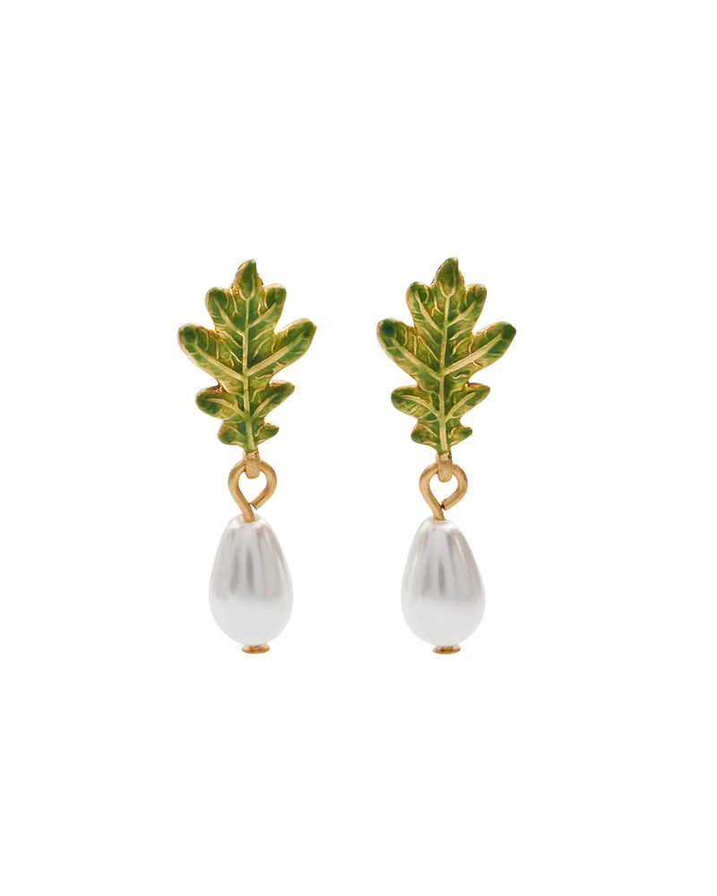 Gold Oak Leaf Pearl Drop Earrings
