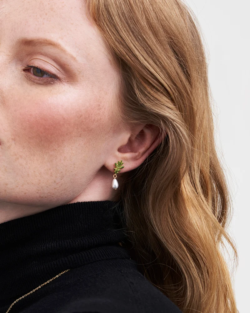 Gold Oak Leaf Pearl Drop Earrings