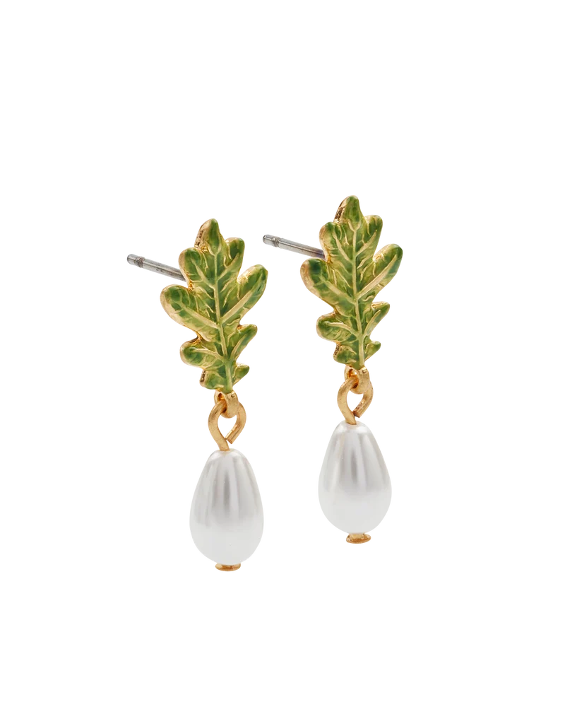 Gold Oak Leaf Pearl Drop Earrings