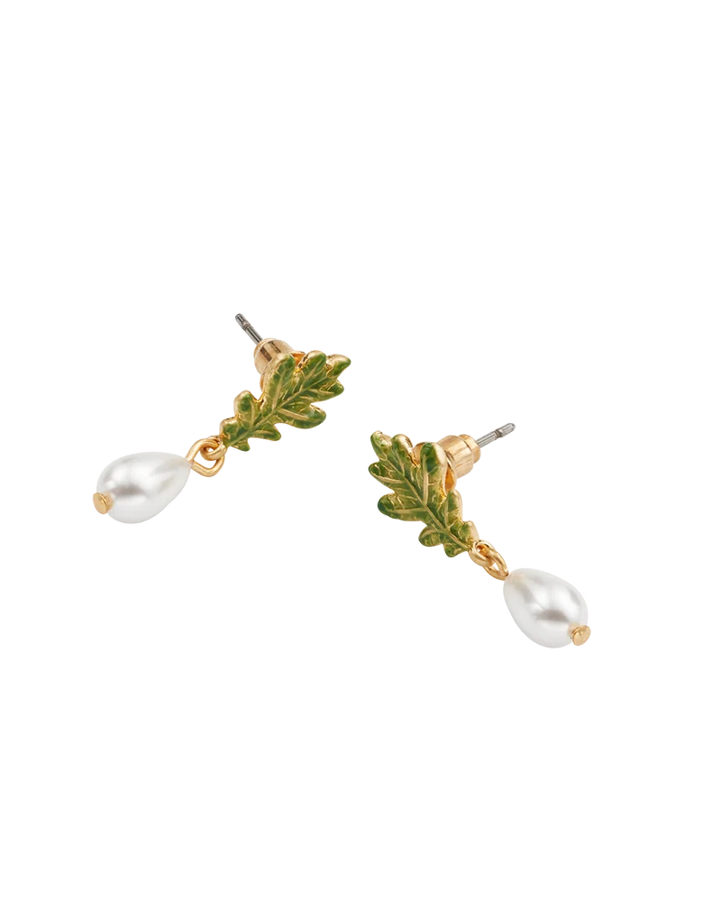 Gold Oak Leaf Pearl Drop Earrings