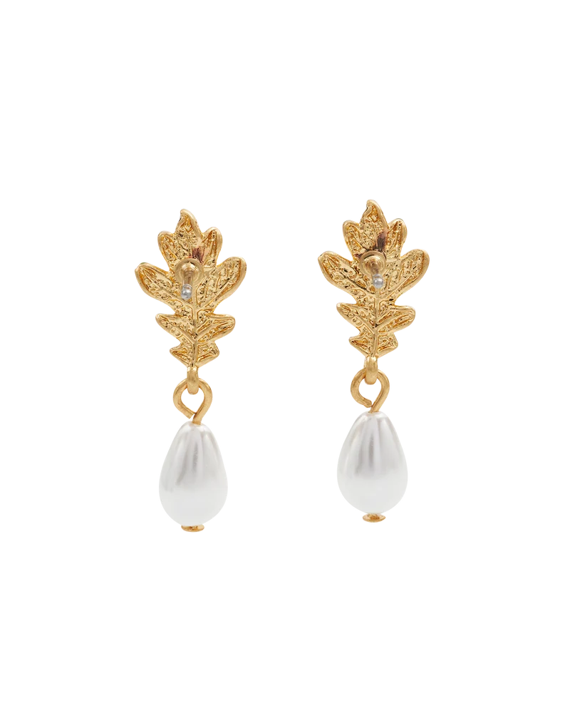 Gold Oak Leaf Pearl Drop Earrings