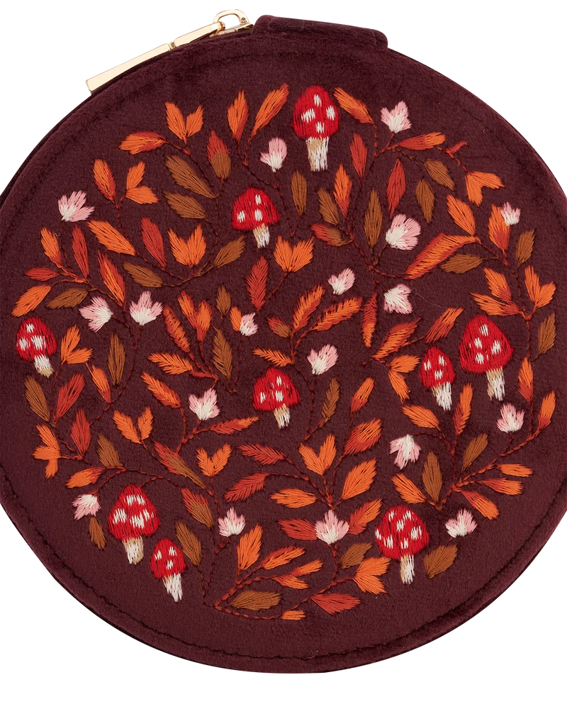 Magical Mushroom Embroidered Burgundy Velvet Jewellery Box