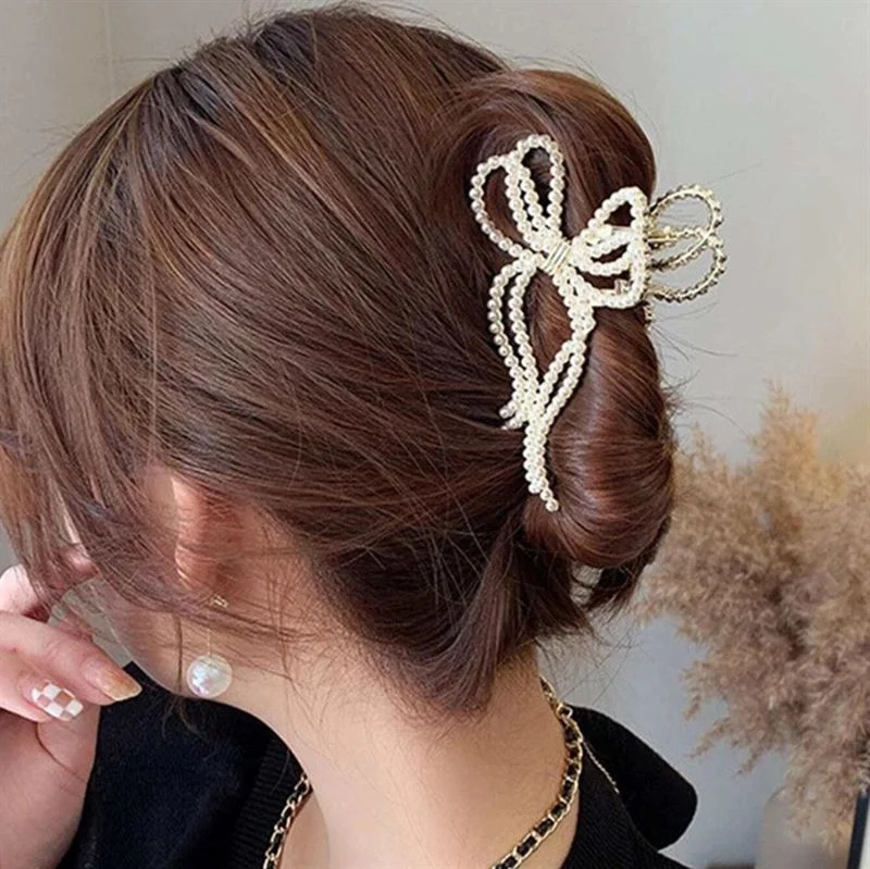 Haarspange Schleife – goldfarben mit Kunstperlen