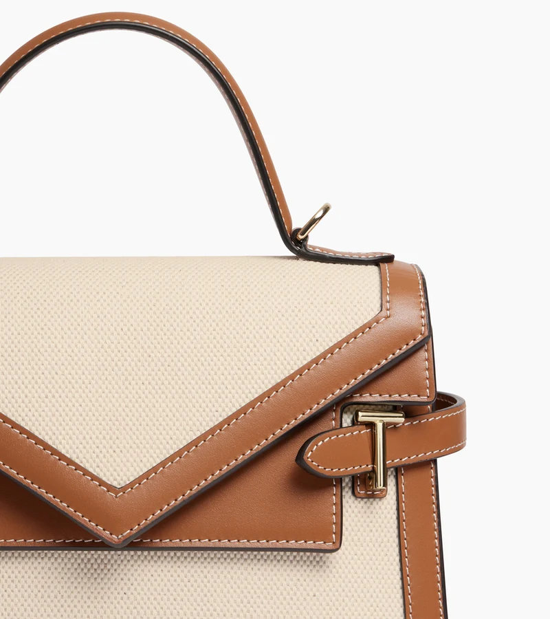 Sac à main double rabat moyen modèle Emilie en toile coton et cuir lisse
