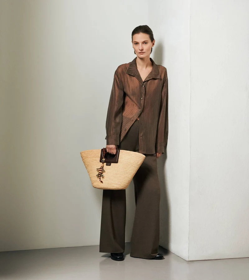 Grand sac cabas en raphia naturel et cuir lisse végétal