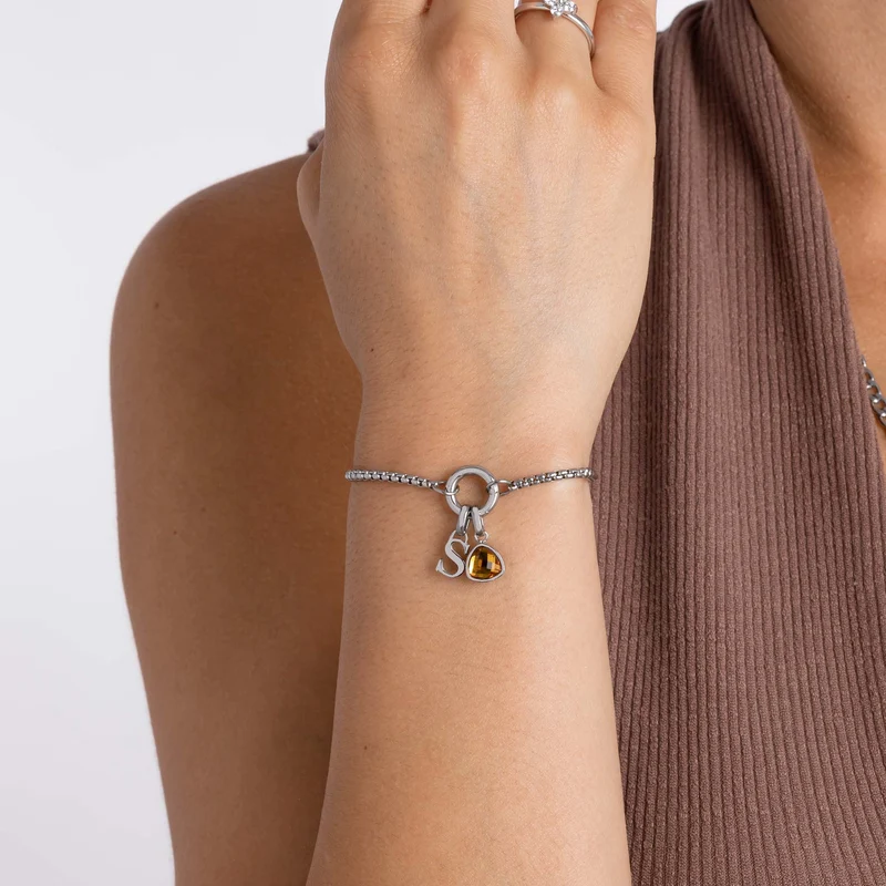 Adjustable Letter & birthstone bracelet silver