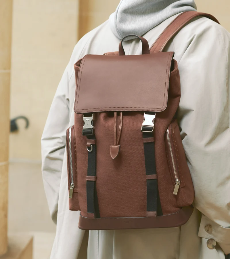 Sac à dos à rabat Maurice en toile coton et cuir lisse