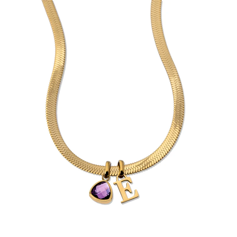 Letter & birthstone snake necklace gold