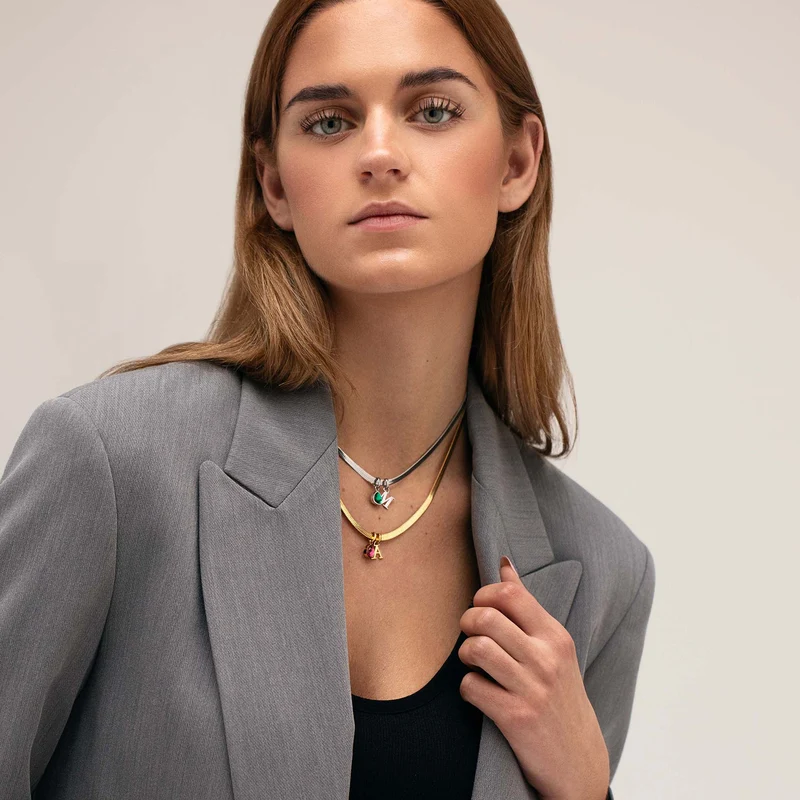 Letter & birthstone snake necklace silver