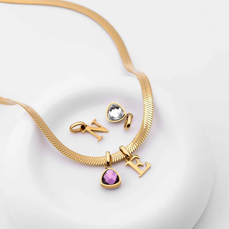 Letter & birthstone snake necklace gold