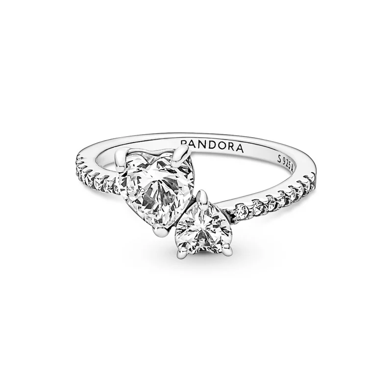 Pandora Timeless 925 Sterling Silver Double Heart Sparkling Ring 191198C01-52