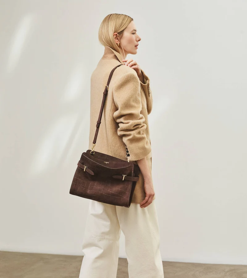 Sac porté épaule grand modèle Emie en cuir refente de velours embossé effet crocodile