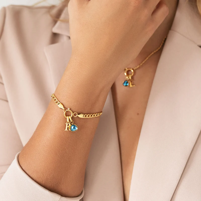 Letter & birthstone bracelet gold hearts