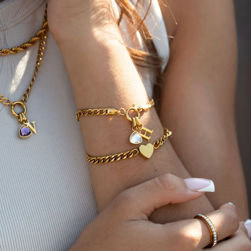 Letter & birthstone bracelet gold hearts