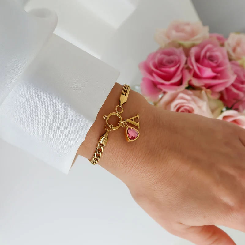Letter & birthstone bracelet gold hearts