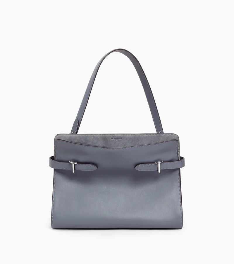 Sac porté épaule grand modèle Emie en cuir lisse et refente de velours