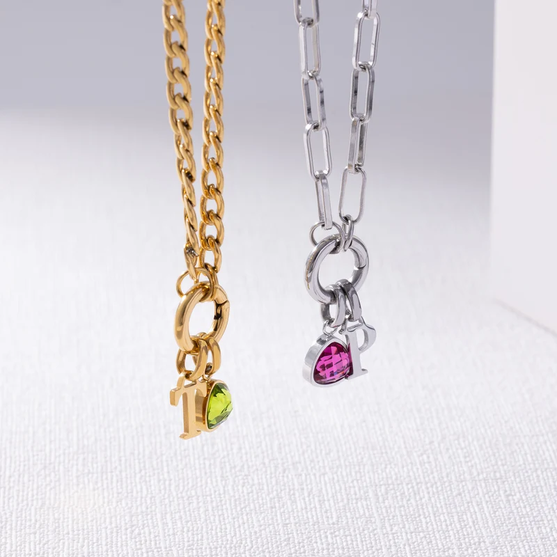 Loose letter & birthstone link chain silver