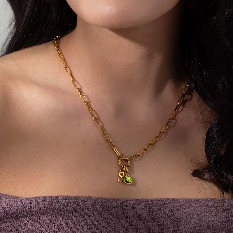 Letter & birthstone link chain gold