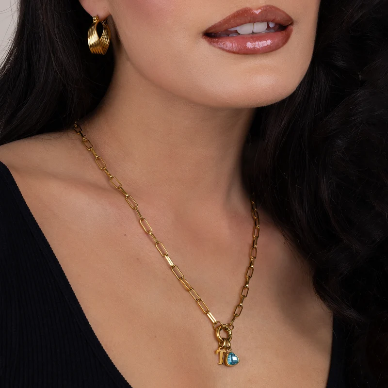Letter & birthstone link chain gold