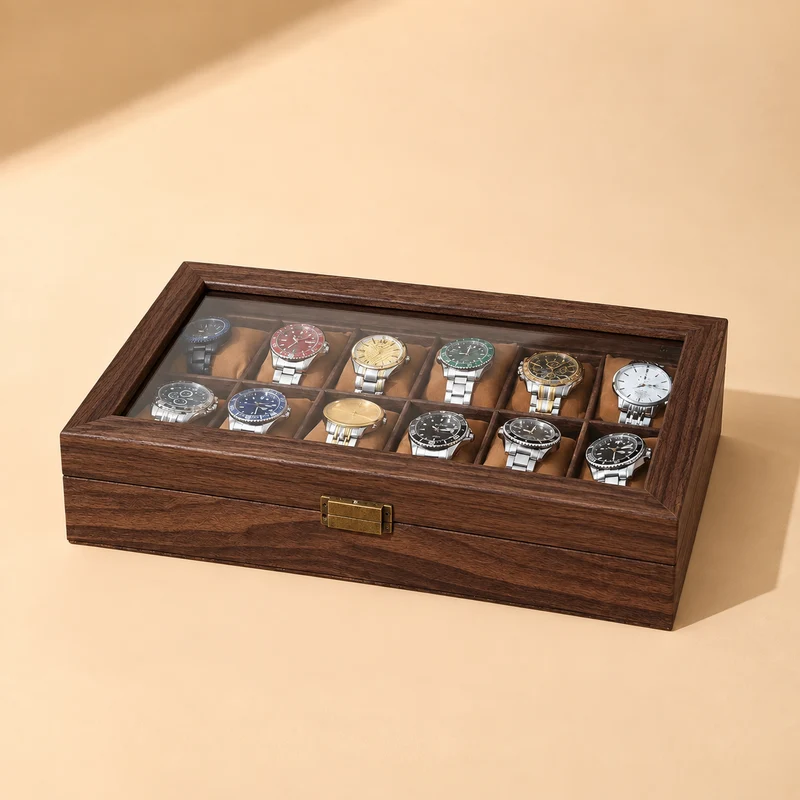 Holz Uhrenbox für 12 Uhren mit Glasdeckel